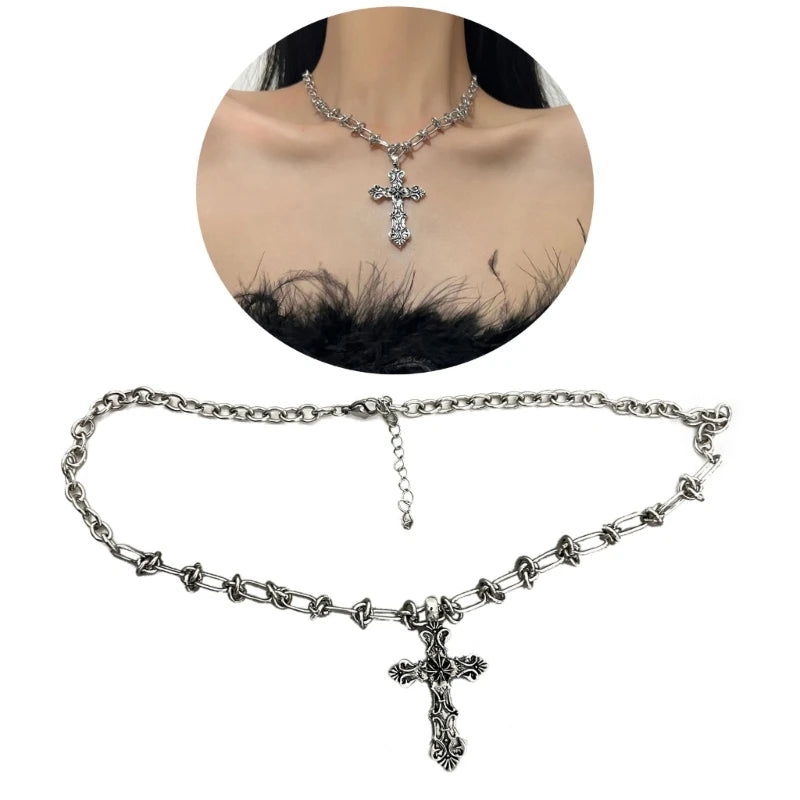 Vintage Cross Pendants Necklace for Women Kpop Punk Chain Necklaces Long Korean Fashion Retro Jewelry on The Neck Gift