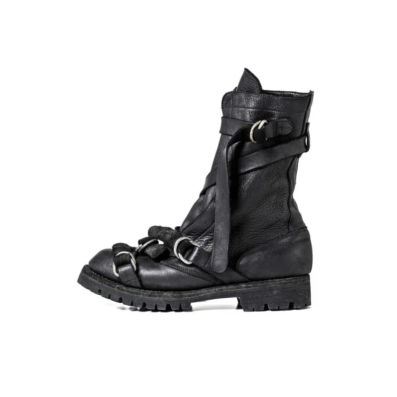 Yamamoto Style Dark Retro Vintage Motorcycle Boots Men's Real Leather Strap Boots Short Tube Belt Buckle Wasteland Fashion Shoes