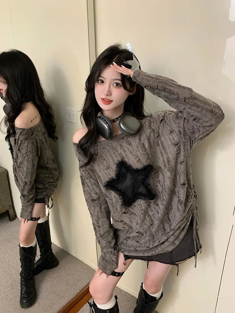 Hole Star Loose Y2K T Shirt Women O Neck Drawstring Long Sleeve Tees Fashion Streetwear Kpop Pullover Tops Female T-shirts