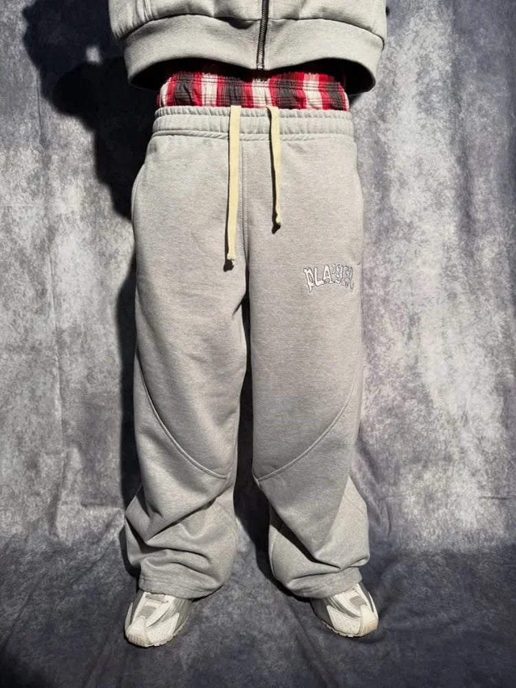 Print Wide Leg Pants Women Grey Streetwear Baggy Drawstring Sweatpants 2026