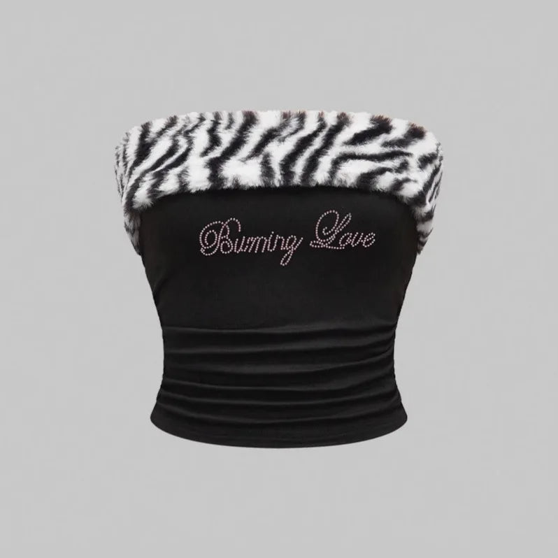Leopard print patchwork slim fit sexy exposed navel dark letter hot stamping strapless vest with personality