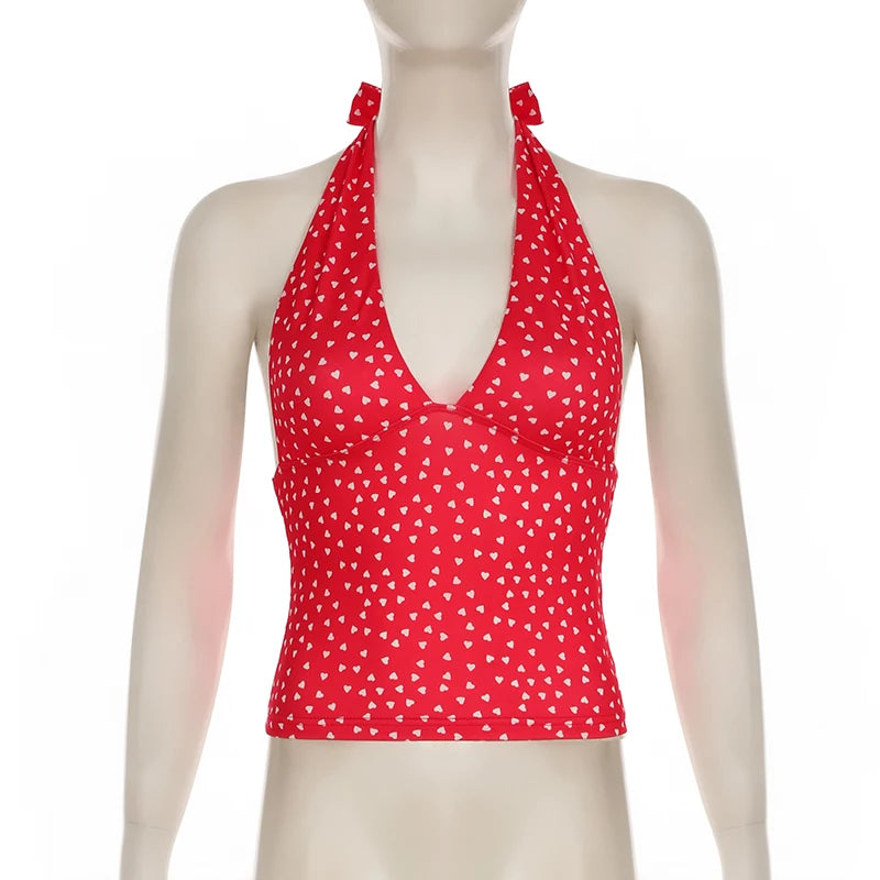 SUCHCUTE Fashion Beach Plaid/Heart Printed Halter Neck Tank Tops Women Sweet Sleeveless V-Neck Vest Y2k Slim Crop Tops Coquette