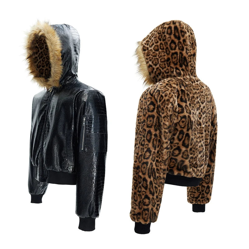 LUZHEN 2025 Winter New Original Reversible Wear Leopard Print Fur Hooded Padded Coat Men's Fashion Street Leather Parkas JY5630