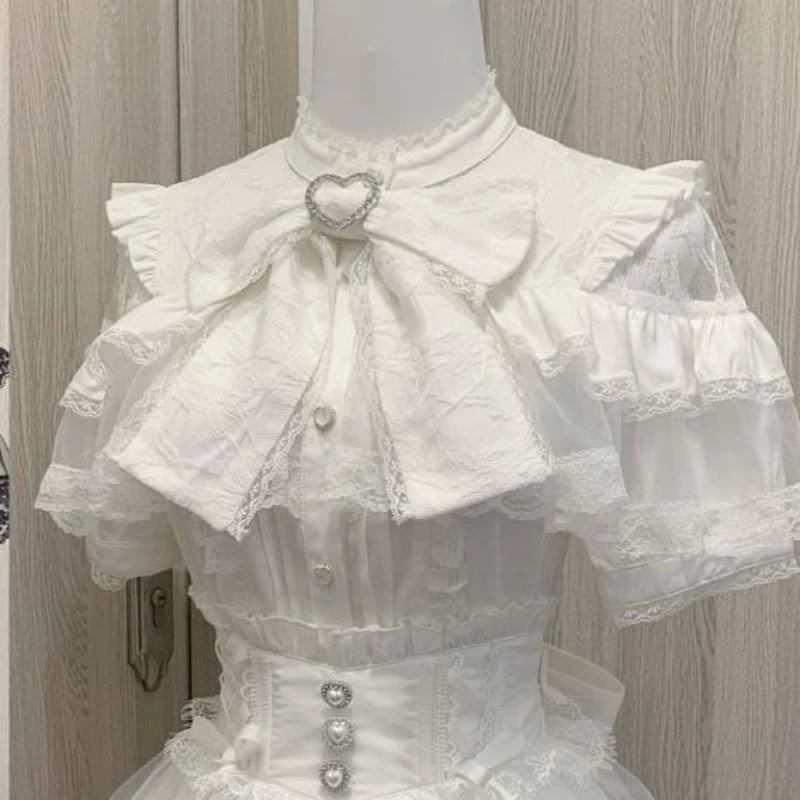 Japanese Kawaii Lolita Lace Patchwork Blouses Summer Women Harajuku Single Breasted Sweet Shirts Cute Girly JK Bow Tops Blusas