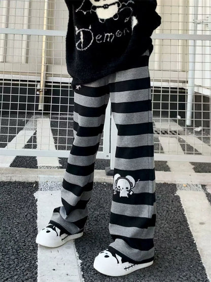 2026 Punk Anime Printed Striped Pants Women Harajuku Y2k Straight Casual Long Trousers 2025 Autumn Vintage Gothic Streetwear