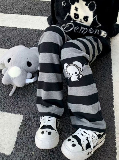 2026 Punk Anime Printed Striped Pants Women Harajuku Y2k Straight Casual Long Trousers 2025 Autumn Vintage Gothic Streetwear