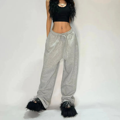 Oversize Woman Grey Black Sweatpants Y2K Korean Streetwear Loose Casual Jogger Pants High Waist All Match Drawstring Trousers