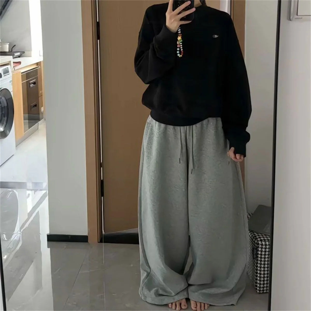 Oversize Woman Grey Black Sweatpants Y2K Korean Streetwear Loose Casual Jogger Pants High Waist All Match Drawstring Trousers
