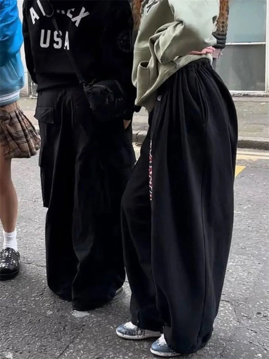 Oversize Woman Grey Black Sweatpants Y2K Korean Streetwear Loose Casual Jogger Pants High Waist All Match Drawstring Trousers