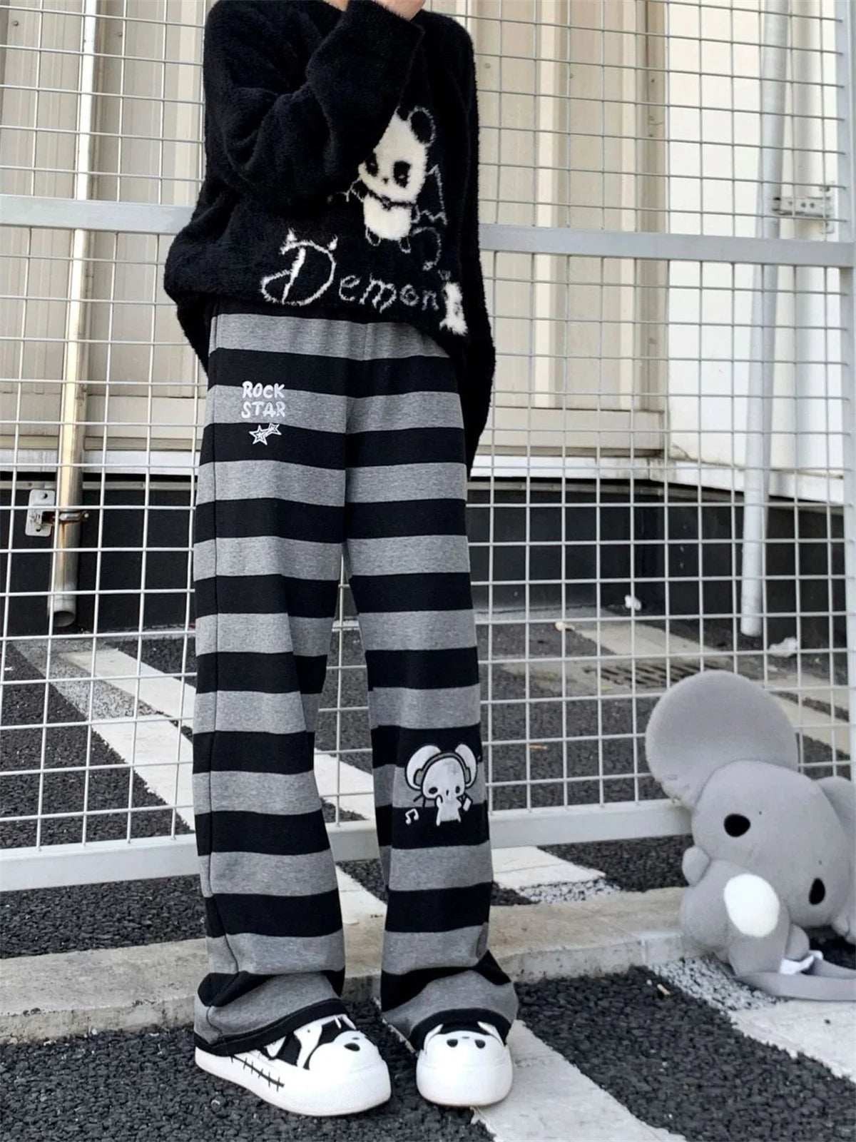 2026 Punk Anime Printed Striped Pants Women Harajuku Y2k Straight Casual Long Trousers 2025 Autumn Vintage Gothic Streetwear