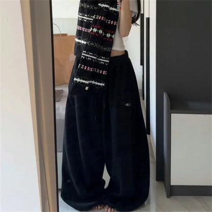 Oversize Woman Grey Black Sweatpants Y2K Korean Streetwear Loose Casual Jogger Pants High Waist All Match Drawstring Trousers