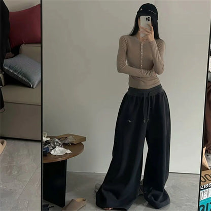 Oversize Woman Grey Black Sweatpants Y2K Korean Streetwear Loose Casual Jogger Pants High Waist All Match Drawstring Trousers