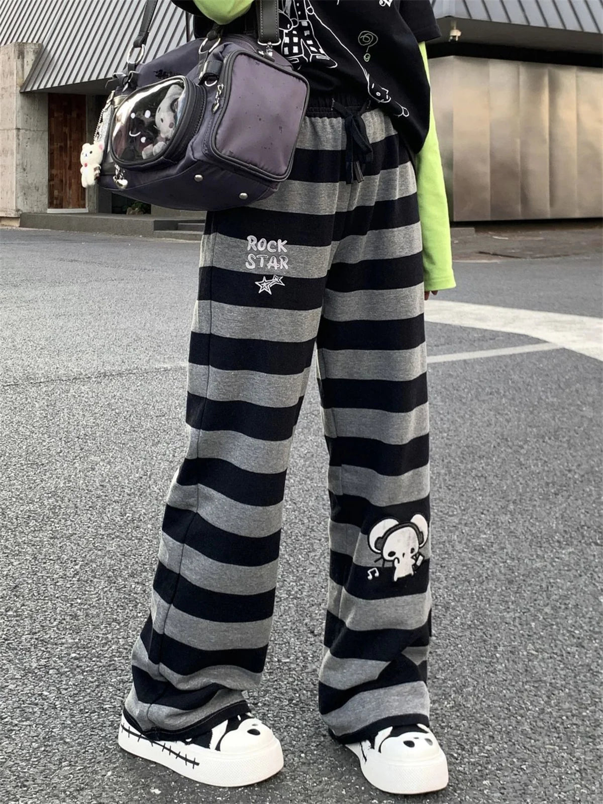 2026 Punk Anime Printed Striped Pants Women Harajuku Y2k Straight Casual Long Trousers 2025 Autumn Vintage Gothic Streetwear