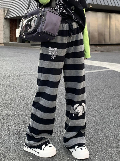2026 Punk Anime Printed Striped Pants Women Harajuku Y2k Straight Casual Long Trousers 2025 Autumn Vintage Gothic Streetwear