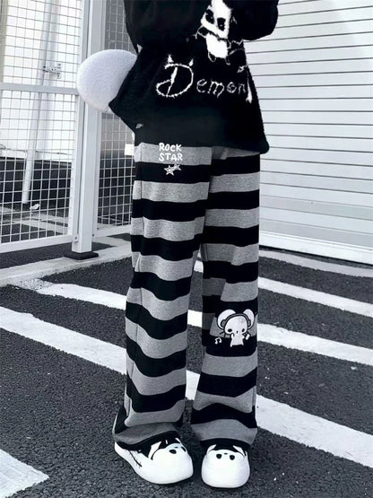 2026 Punk Anime Printed Striped Pants Women Harajuku Y2k Straight Casual Long Trousers 2025 Autumn Vintage Gothic Streetwear