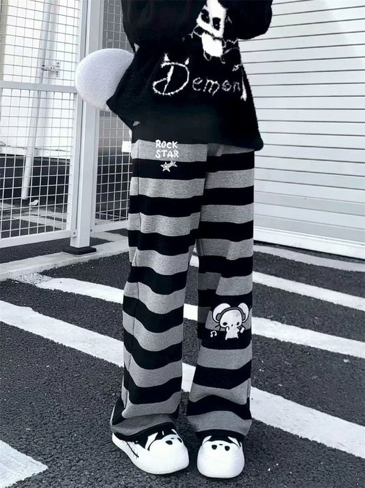 2026 Punk Anime Printed Striped Pants Women Harajuku Y2k Straight Casual Long Trousers 2025 Autumn Vintage Gothic Streetwear