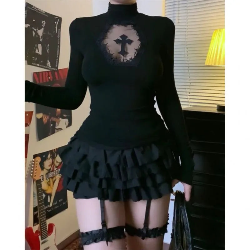 Women Turtleneck Gothic Dark Cross Hollow Out T-shirts Long Sleeve Black Casual Slim Fit Pullovers Harajuku See Through Y2K Tops