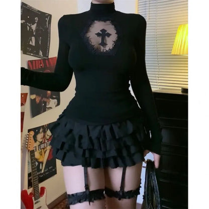Women Turtleneck Gothic Dark Cross Hollow Out T-shirts Long Sleeve Black Casual Slim Fit Pullovers Harajuku See Through Y2K Tops