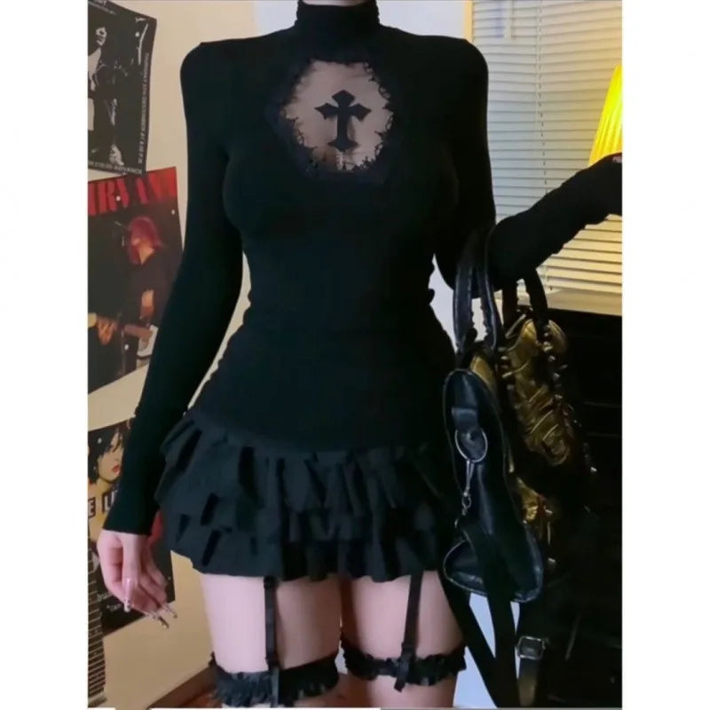 Women Turtleneck Gothic Dark Cross Hollow Out T-shirts Long Sleeve Black Casual Slim Fit Pullovers Harajuku See Through Y2K Tops