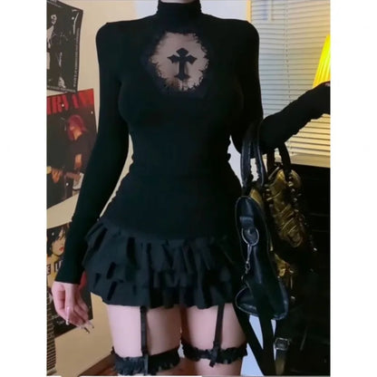 Women Turtleneck Gothic Dark Cross Hollow Out T-shirts Long Sleeve Black Casual Slim Fit Pullovers Harajuku See Through Y2K Tops