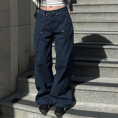 2000s Clothes Y2k Low Rise Boot Cut Jeans Woman Casual Black Striped Denim Trousers Streetwear Flare Pants P77-DD25