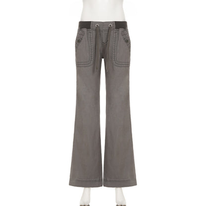 2000s Clothes Y2k Low Rise Boot Cut Jeans Woman Casual Black Striped Denim Trousers Streetwear Flare Pants P77-DD25