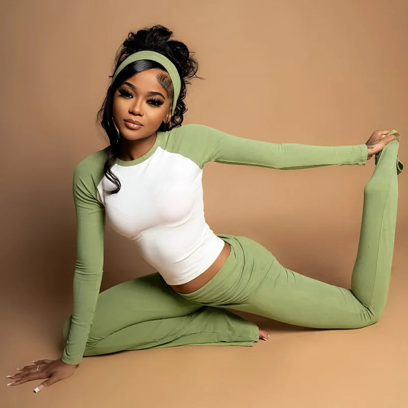 FAGADOER Casual 2 Pieces Set for Woman Long Sleeve Round Neck T-Shirt and High Waist Pants Matching Tracksuits Female Sportswear