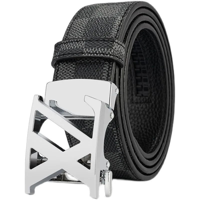 Men's Sleek Automatic Buckle Belt - Genuine FauxwithTextured Square Pattern, Black, Simple & Stylish DesignforCasual Attire