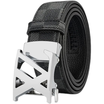 Men's Sleek Automatic Buckle Belt - Genuine FauxwithTextured Square Pattern, Black, Simple & Stylish DesignforCasual Attire