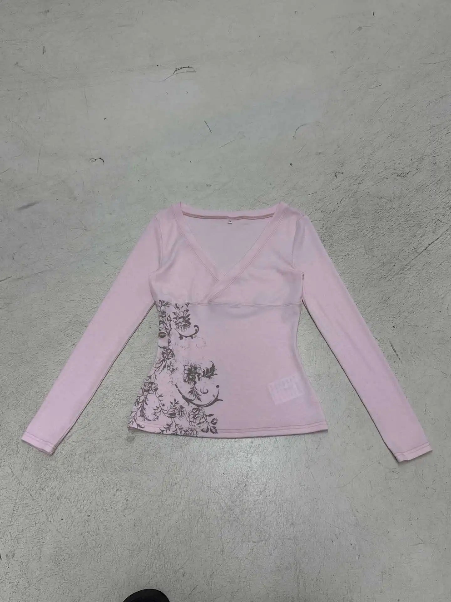 Pink Floral Print Women Fairy Y2K T-shirt Coquette V Neck Long Sleeve Tees Autumn Spring Casual Pullovers Tops Vintage Clothes