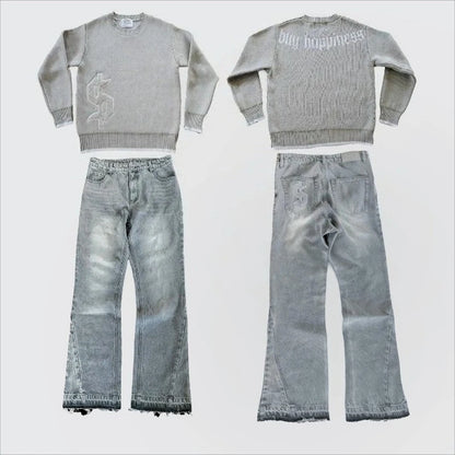 2 pcs Set Y2K Autumn Winter Retro Knitted Sweater Jeans Suit Trendy Hip Hop Dollar Logo Embroidery Streetwear Unisex Baggy Set