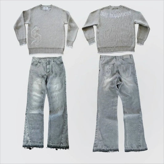 2 pcs Set Y2K Autumn Winter Retro Knitted Sweater Jeans Suit Trendy Hip Hop Dollar Logo Embroidery Streetwear Unisex Baggy Set
