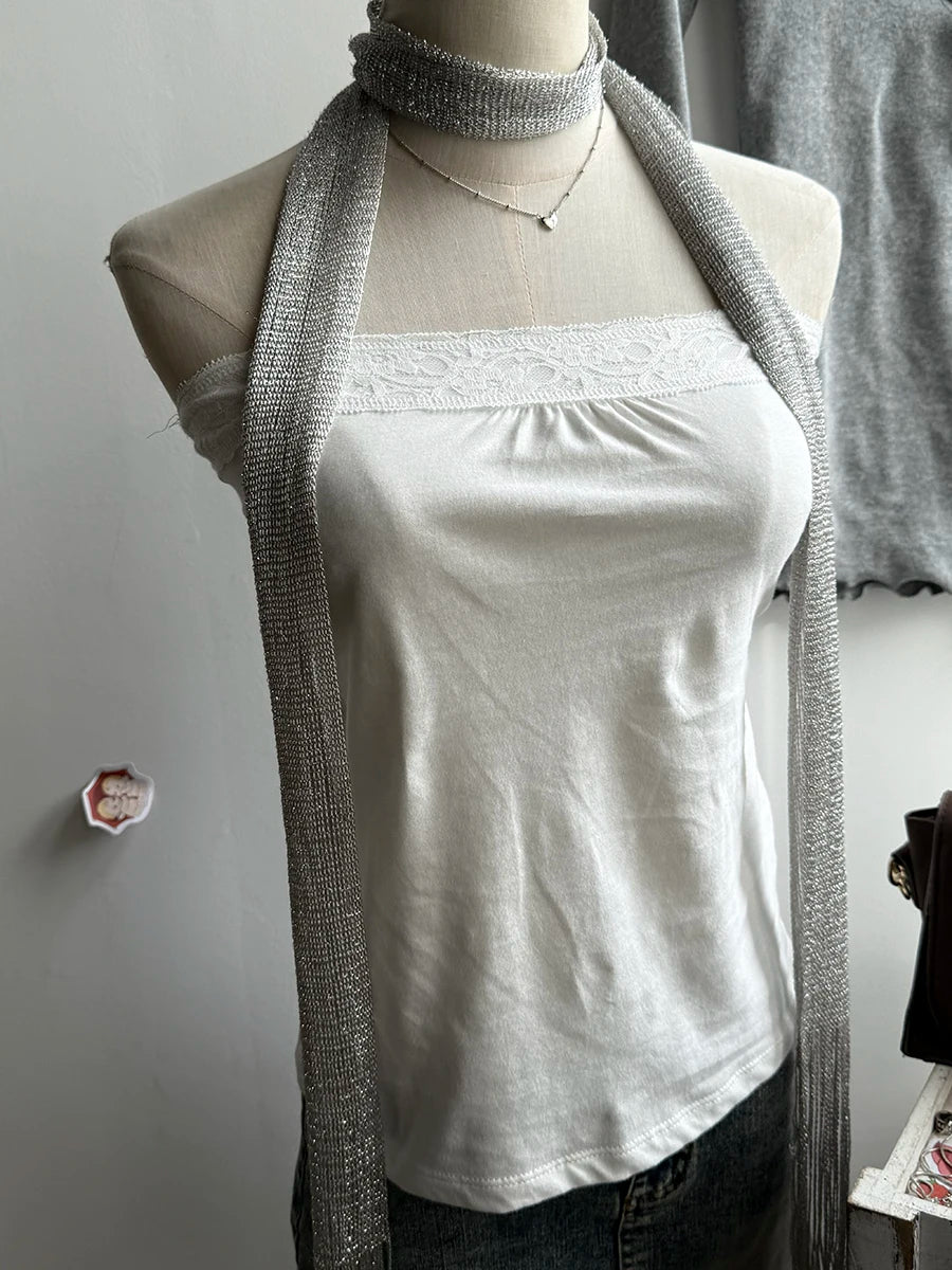 Lace Trim Strapless Tops Women Cotton Soft Slim  White Sexy Sleeveless Camisole Sweet Cute Chic Tank Tops Y2K