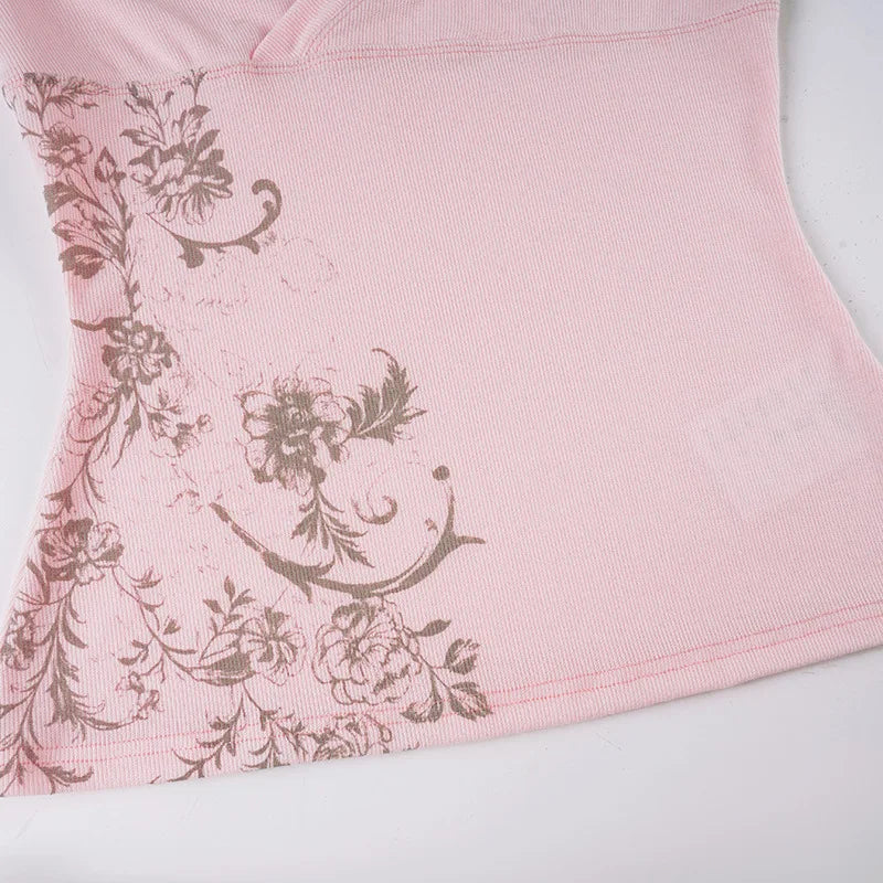 Pink Floral Print Women Fairy Y2K T-shirt Coquette V Neck Long Sleeve Tees Autumn Spring Casual Pullovers Tops Vintage Clothes