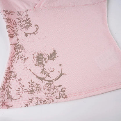 Pink Floral Print Women Fairy Y2K T-shirt Coquette V Neck Long Sleeve Tees Autumn Spring Casual Pullovers Tops Vintage Clothes