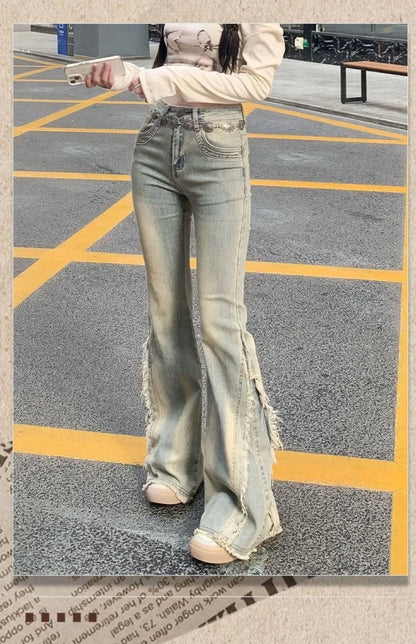 Women Vintage Blue Jeans High Waist American Retro 90s Raw Material Edge Design Y2k Denim Pants Streetwear Wide Leg Jeans