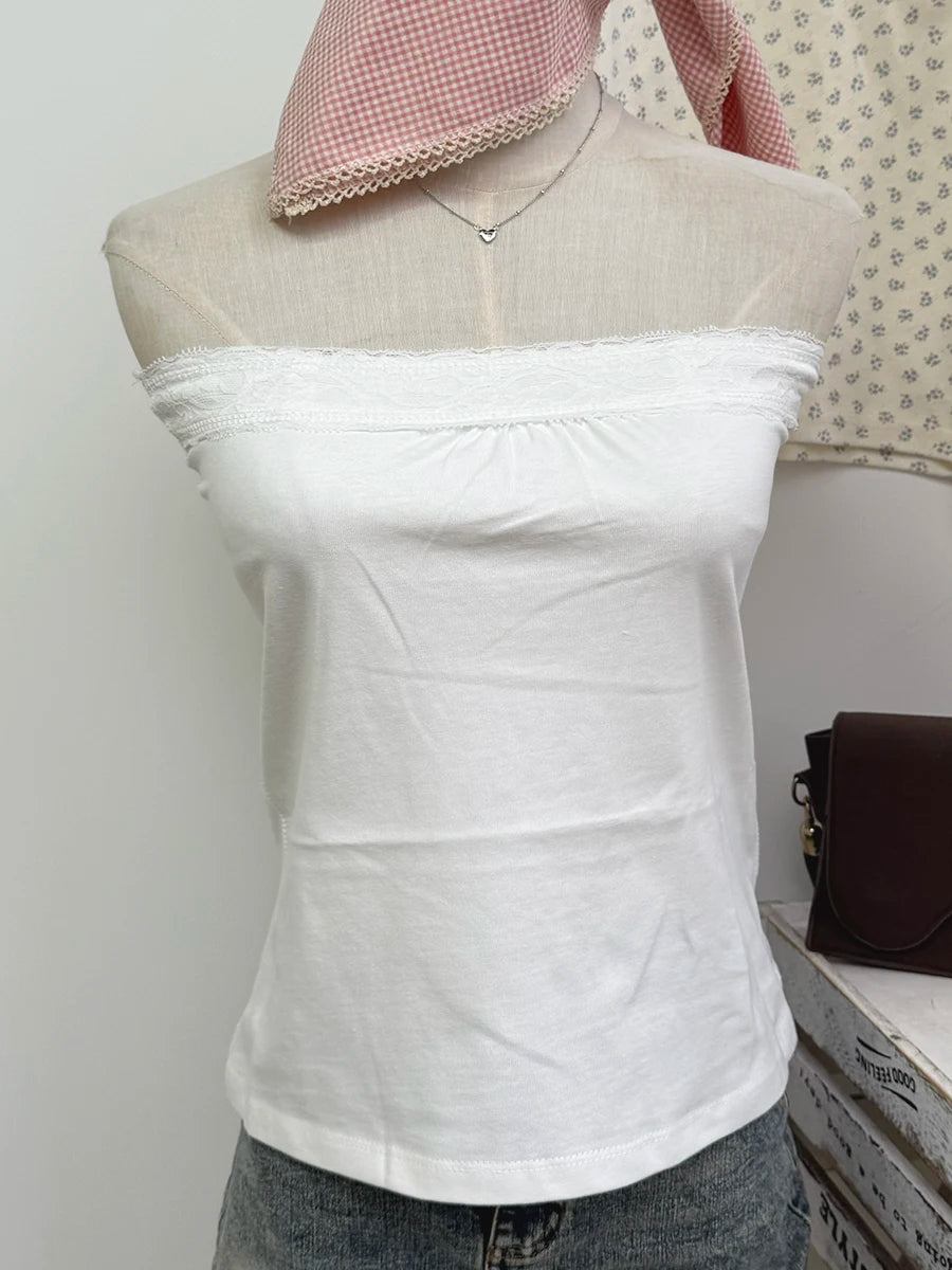 Lace Trim Strapless Tops Women Cotton Soft Slim  White Sexy Sleeveless Camisole Sweet Cute Chic Tank Tops Y2K