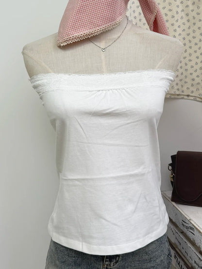 Lace Trim Strapless Tops Women Cotton Soft Slim  White Sexy Sleeveless Camisole Sweet Cute Chic Tank Tops Y2K