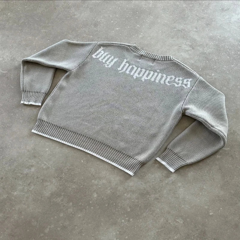 2 pcs Set Y2K Autumn Winter Retro Knitted Sweater Jeans Suit Trendy Hip Hop Dollar Logo Embroidery Streetwear Unisex Baggy Set