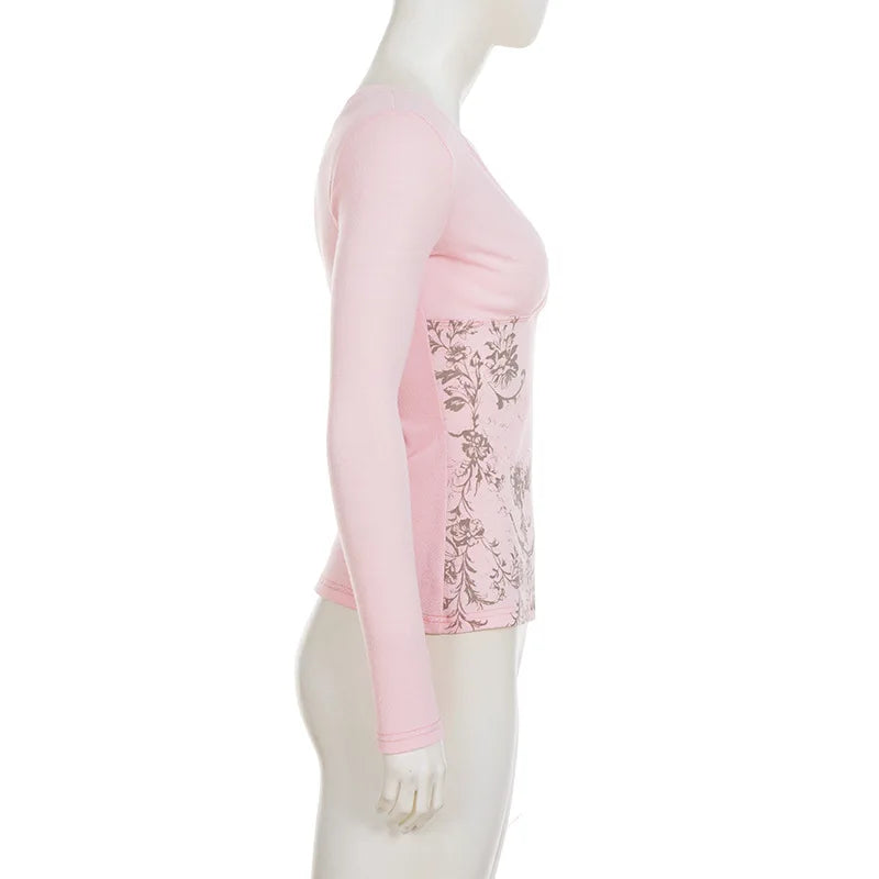 Pink Floral Print Women Fairy Y2K T-shirt Coquette V Neck Long Sleeve Tees Autumn Spring Casual Pullovers Tops Vintage Clothes