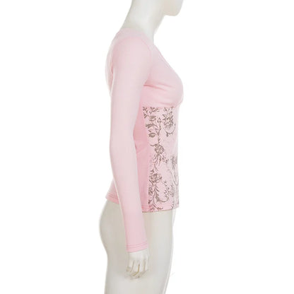 Pink Floral Print Women Fairy Y2K T-shirt Coquette V Neck Long Sleeve Tees Autumn Spring Casual Pullovers Tops Vintage Clothes