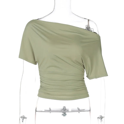 Talenza Summer One Shoulder Tops Fashion Slim Shrink Short Sleeve T-Shirts Sexy Party Y2k Streetwear Solid Pullover Tops Women