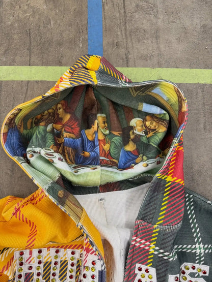 New Contrasting Color Splicing Plaid Hoodie Sportswear Harajuku Embroidery Hot Diamond Design Sweatshirt Lettering Loose Jacket