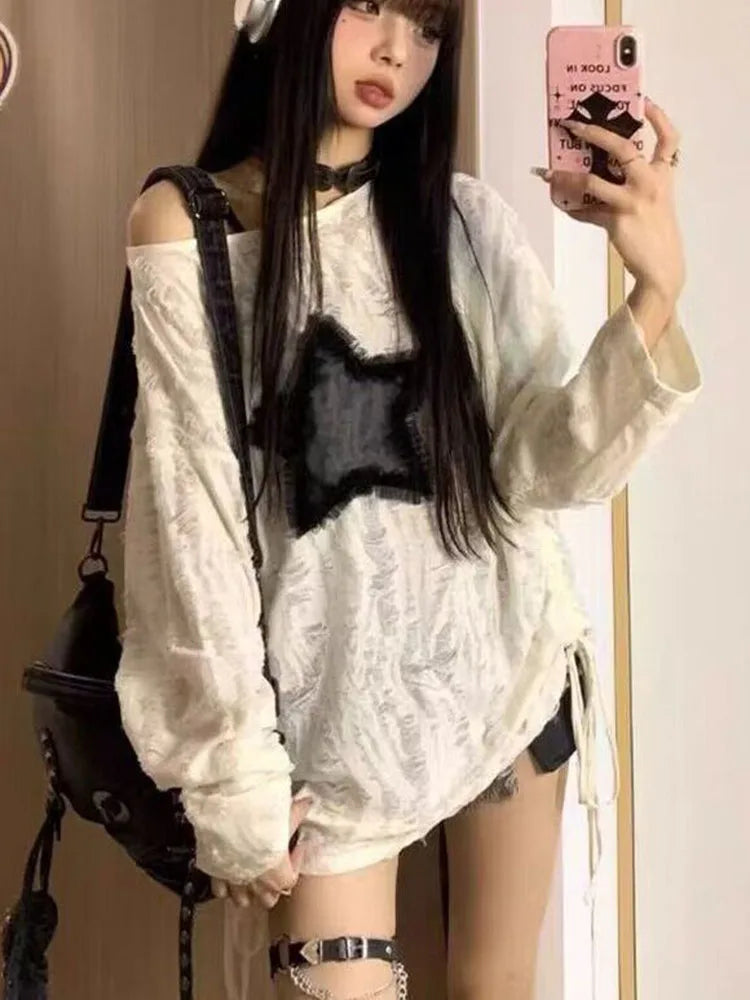 Hole Star Loose Y2K T Shirt Women O Neck Drawstring Long Sleeve Tees Fashion Streetwear Kpop Pullover Tops Female T-shirts