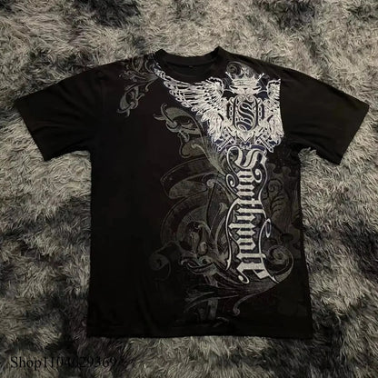 Classic Y2K Gothic Style T-shirt Print Oversized T Shirt High Street Shirts Gothic Round Neck Cotton Tops New Mens Women T Shirt