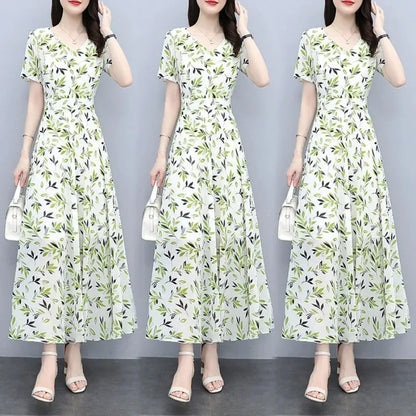 【New style】Summer clothes, new style, medium and long, above the knee, large floral fashion dress, women, waist, slimming, larg