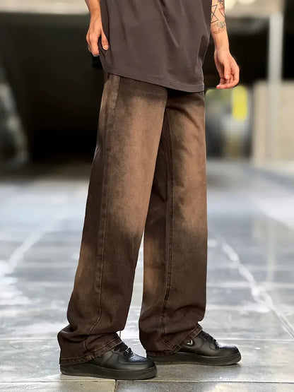 Oversized Distressed Brown Denim Jeans for Men - Y2K Retro Street Style Trousers