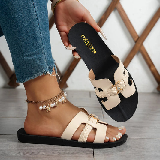Braided Strap Women's Flat Sandals, Gold Embellished Buckle with Rhinestones, Simple and Comfortable Design, Easy to Wear for Daily Outings and Shopping