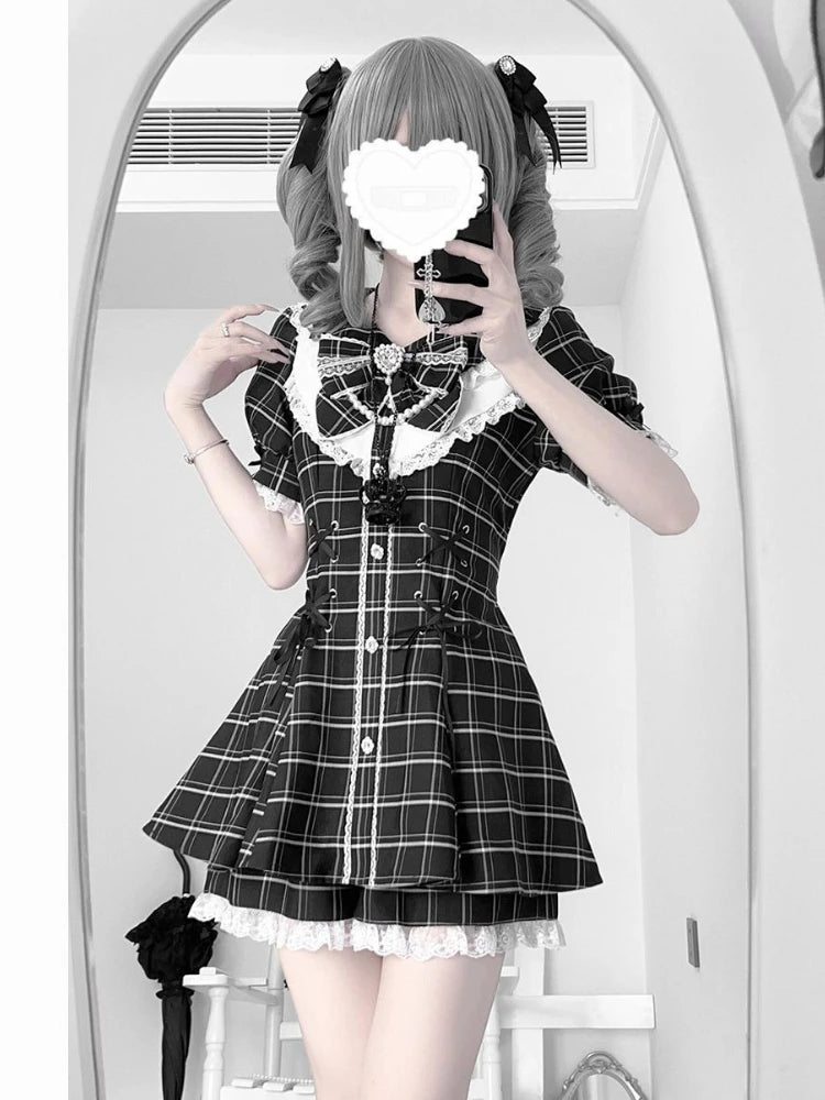 Japanese Style Lolita Sweet Dress Set 2026 New Vintage Plaid Cute Bow Short Sleeved Tops Jk Casual Y2k Shorts Girls Kawaii Set