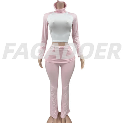 FAGADOER Casual 2 Pieces Set for Woman Long Sleeve Round Neck T-Shirt and High Waist Pants Matching Tracksuits Female Sportswear
